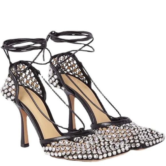 Lace-Up Fishnet Mid High Heel Sandals with rhinestones - Size 10 - Picture 6 of 7